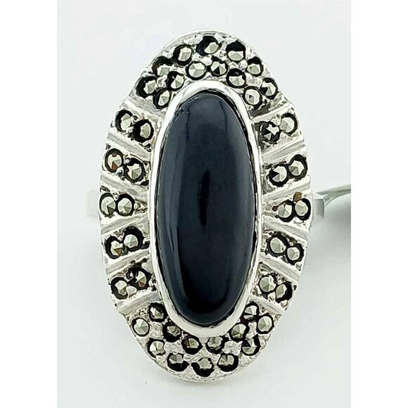 Genuine Black Onyx & Marcasite Ring .925 Silver